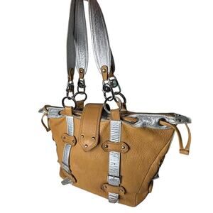 Gustto Italian Leather Large Satchel Bag Tan Silver
